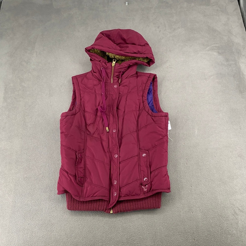 American Eagle Outfitters Burgundy Puffer Vest Faux Fur Hood Y2K Vintage Medium